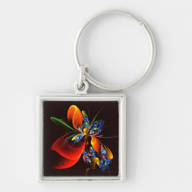 Blue Orange Floral Modernes Abstraktes Kunstmuster Schlüsselanhänger (Vorne)