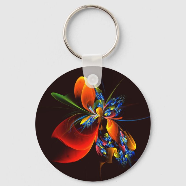 Blue Orange Floral Modernes Abstraktes Kunstmuster Schlüsselanhänger (Vorderseite)