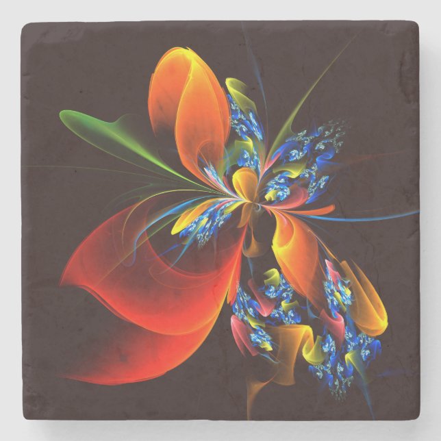 Blue Orange Floral Modernes Abstraktes Kunstmuster Steinuntersetzer (Vorderseite)