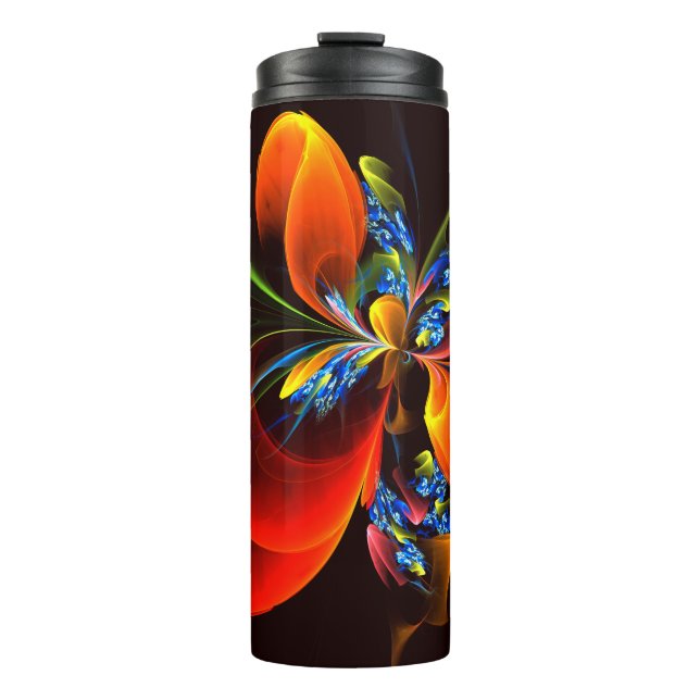 Blue Orange Floral Modernes Abstraktes Kunstmuster Thermosbecher (Vorderseite)