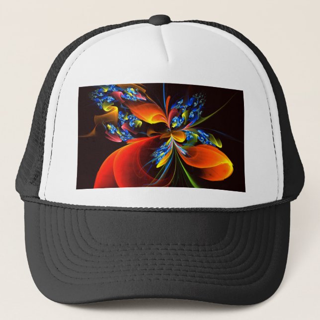 Blue Orange Floral Modernes Abstraktes Kunstmuster Truckerkappe (Vorderseite)