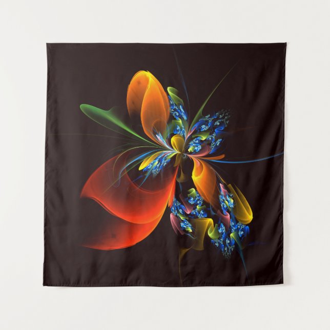 Blue Orange Floral Modernes Abstraktes Kunstmuster Wandteppich (Vorderseite)