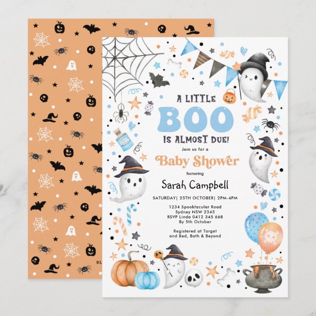 Blue Orange Halloween Ghost Boy Baby Dusche Einladung (Vorne/Hinten)