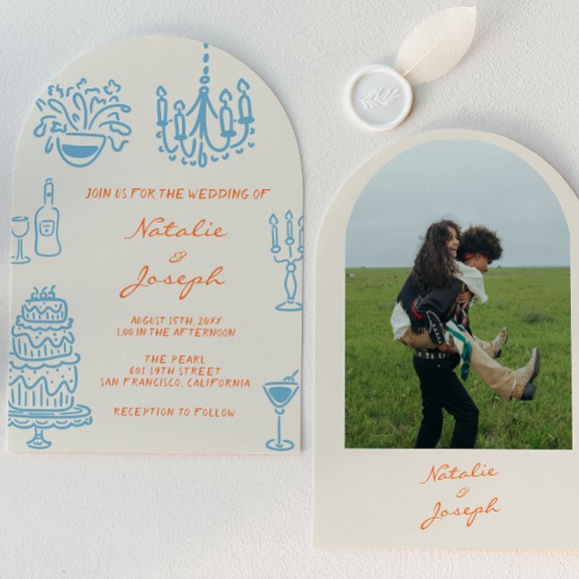 Blue Orange Hand Drawn Whimsical Arched Wedding Einladung (Von Creator hochgeladen)