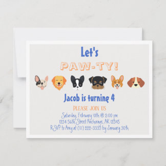 Blue Orange Let's Pawty Puppy Boy Birthday Party Einladung