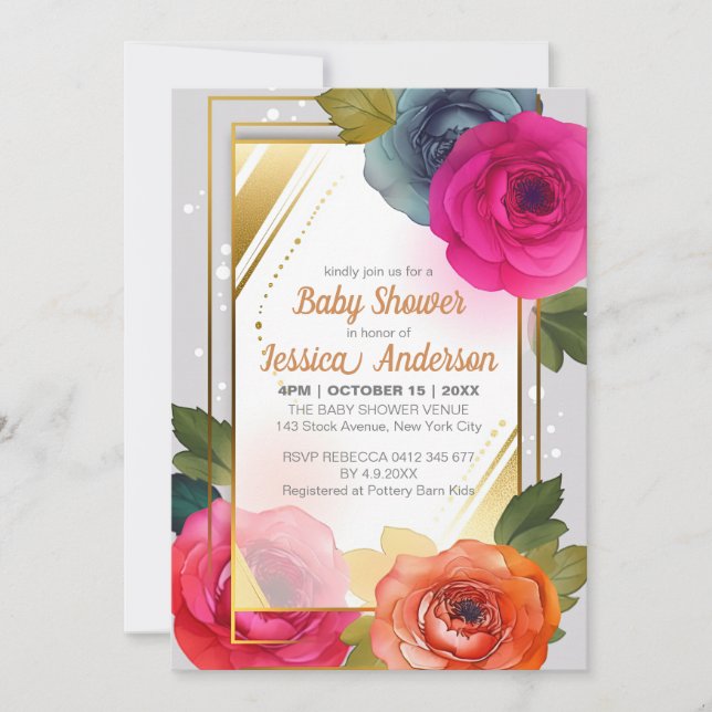 Blue Orange Pink Floral Baby Dusche Gold Rahmen Einladung (Vorderseite)