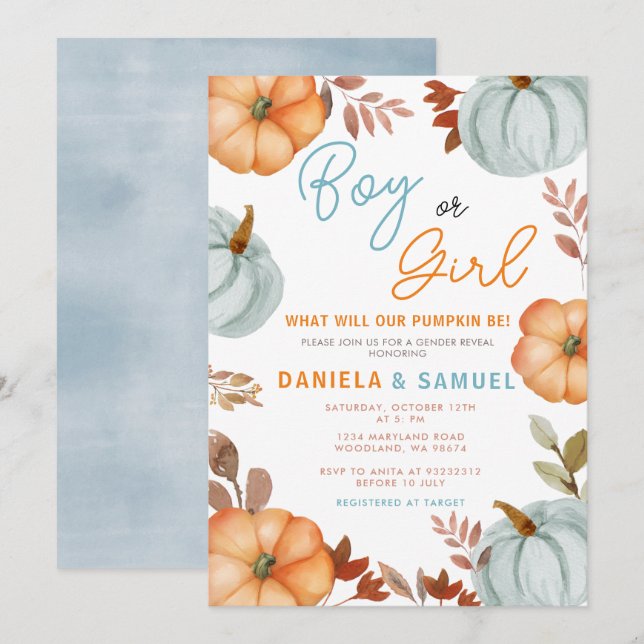 Blue Orange Pumpkin Gender Reveal Einladung (Vorne/Hinten)