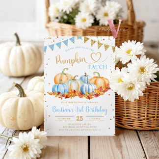 Blue Orange Pumpkin Patch Gold Glitzer Geburtstag Einladung