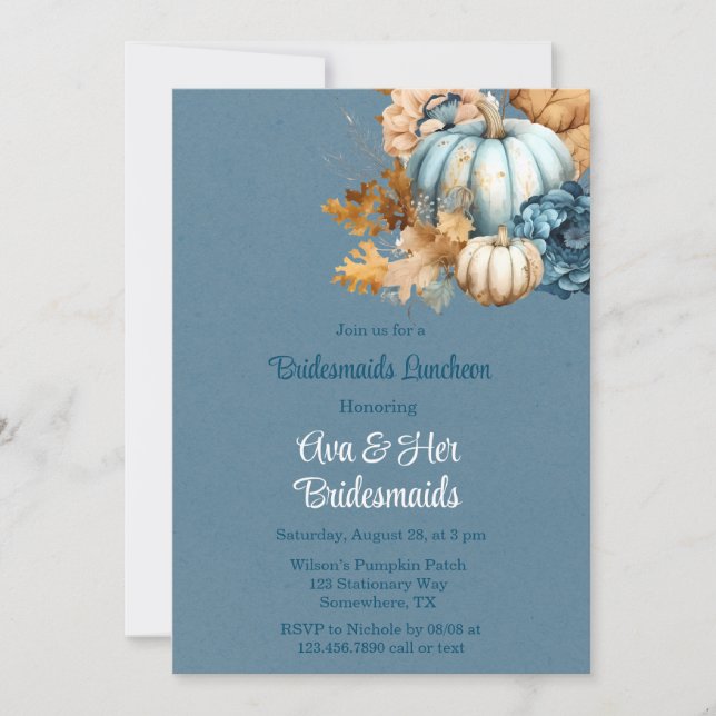 Blue Orange Pumpkin Peony Bridesmaids Luncheon Einladung (Vorderseite)