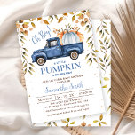 Blue Orange Pumpkin Truck Foliage Baby Dusche Einladung<br><div class="desc">Blue Orange Pumpkin Truck Foliage Baby Dusche Einladung Boy's Herbst Blätter Kürbiskürbis Baby Dusche Einladung mit einem dunkelblauen LKW und hellblauen und orangen Kürbis. Dieses Design umfasst auch schwarze Trennlinien,  braunes Blattwerk und Punkte. Die Babydusche des Kürbiskampfflugzeugs im Herbst ist ideal für eine Babydusche im Herbst.</div>