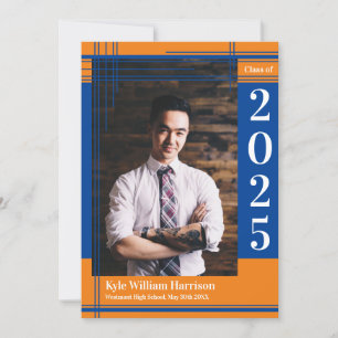 Blue Orange School Color Graduation Photo Plaid Einladung