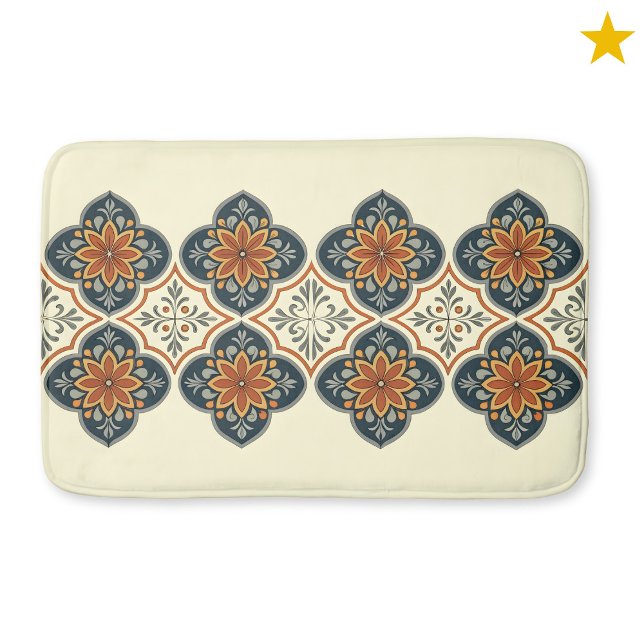 Blue Orange Spanish Tile Flower Pattern  Badematte (Von Creator hochgeladen)