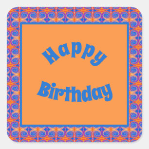 Blue Orange Swirl Muster Happy Birthday Quadratischer Aufkleber