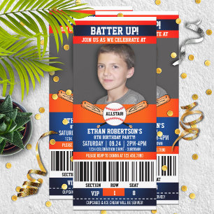 Blue Orange Ticket Style Baseball Geburtstagsparty Einladung