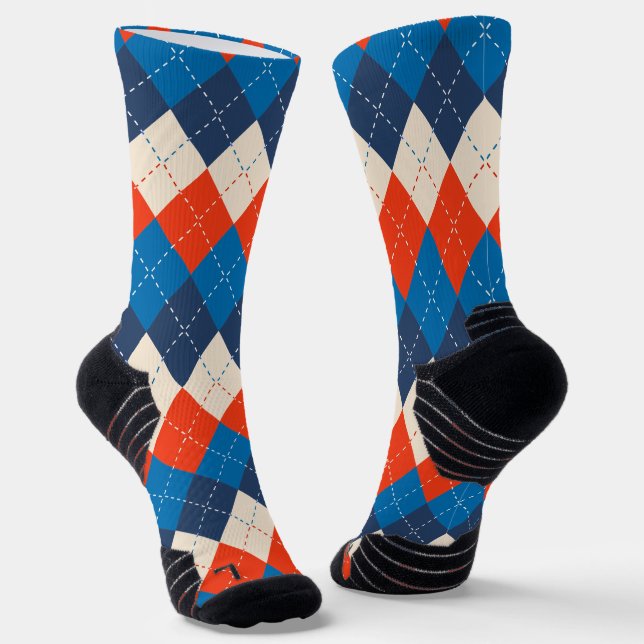 Blue Orange White Preppy Sporty Raute personalisie Socken (Gewinkelt)