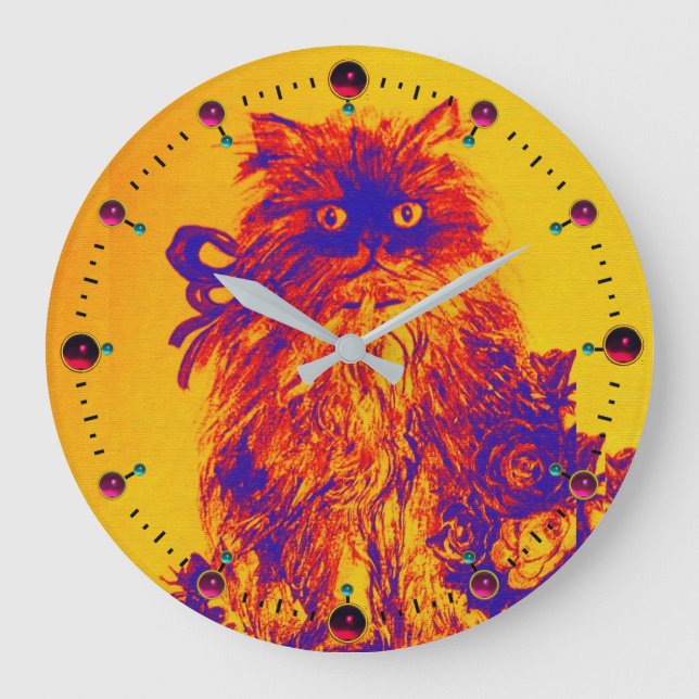 BLUE ORANGE YELLOW KITTY CAT,KITTEN AND ROSES GROßE WANDUHR (Vorderseite)