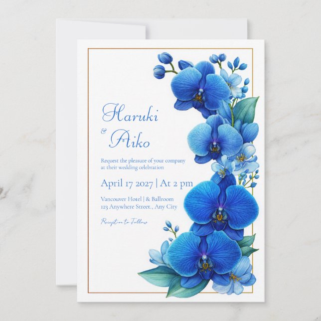 Blue Orchid Gold Geometric Wedding Einladung (Vorderseite)