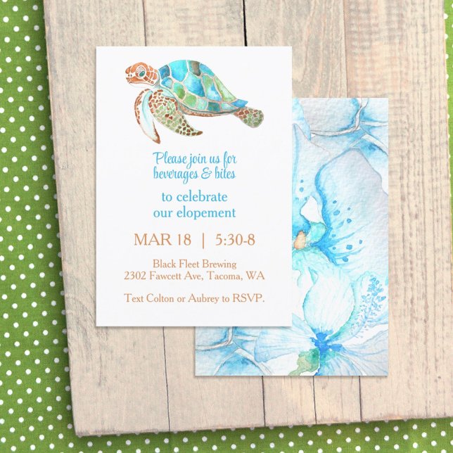 Blue Orchid, Sea Turtle Elopement Empfang Party Einladung (tropical sea turtle blue turquoise aqua watercolor orchid elopement after-party reception dinner)