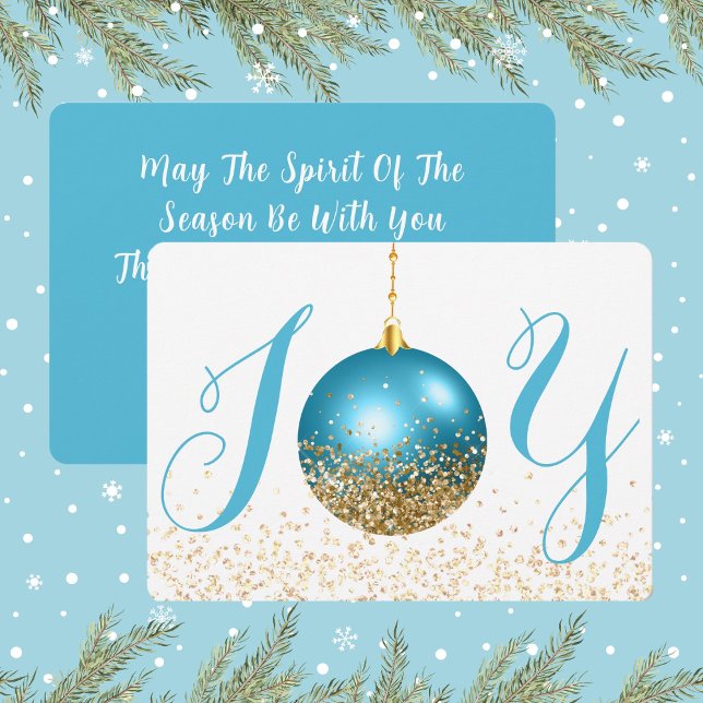 Blue Ornament Joy Weihnachtsgrüße Feiertagskarte (Joy In Blue and Gold Look Glitter Christmas Holiday Card)
