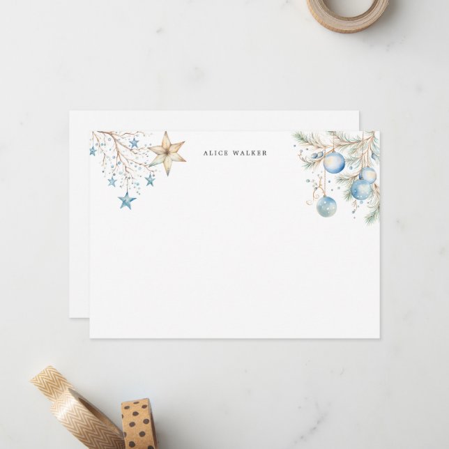 Blue Ornaments Holiday Monogram Note Card Mitteilungskarte (Vorderseite/Rückseite Beispiel)