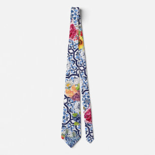 Blue Ornate Floral Fruity Berries Sicilian Tiles Krawatte