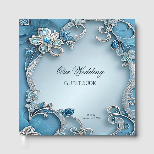 Blue Ornate Floral Guest Book Gästebuch (Vorderseite)