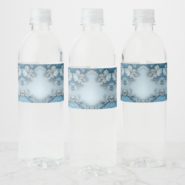 Blue Ornate Floral Water Bottle Label (Flaschen)