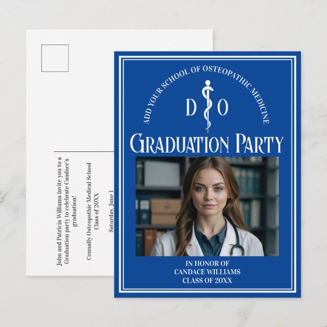 Blue Osteopathic Medical School Graduation Party Einladungspostkarte (Vorne/Hinten)