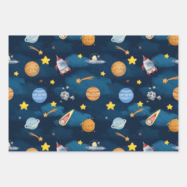  Blue Outer Space Planets Seamless Pattern Geschenkpapier Set (Vorderseite)