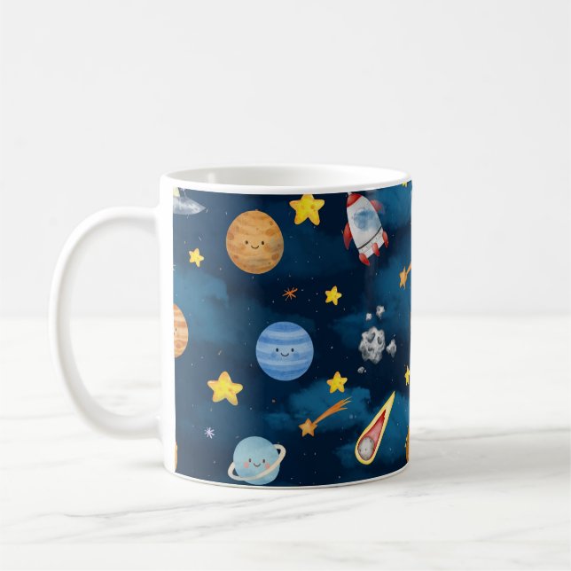  Blue Outer Space Planets Seamless Pattern Kaffeetasse (Links)