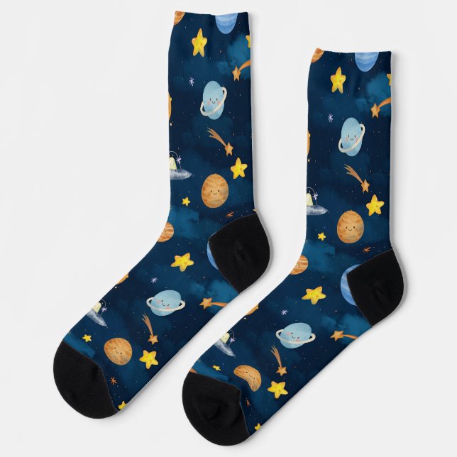 Blue Outer Space Planets Seamless Pattern Socken (Linkes Detail)