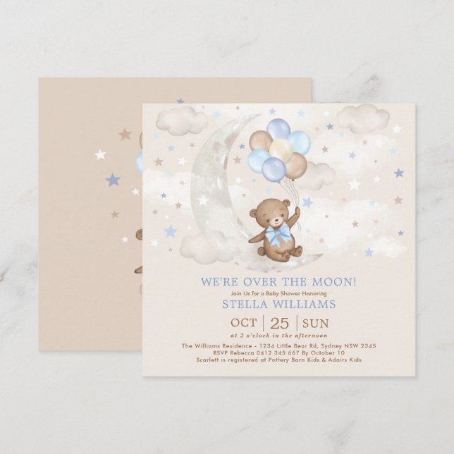 Blue Over the Moon Teddy Bären Balloons Baby Showe Einladung (Vorne/Hinten)
