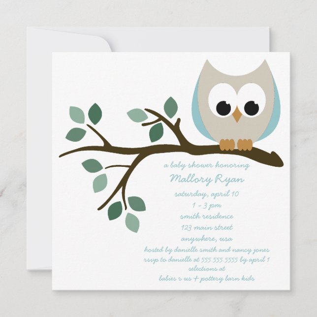 Blue Owl Baby Dusche Einladung (Vorderseite)