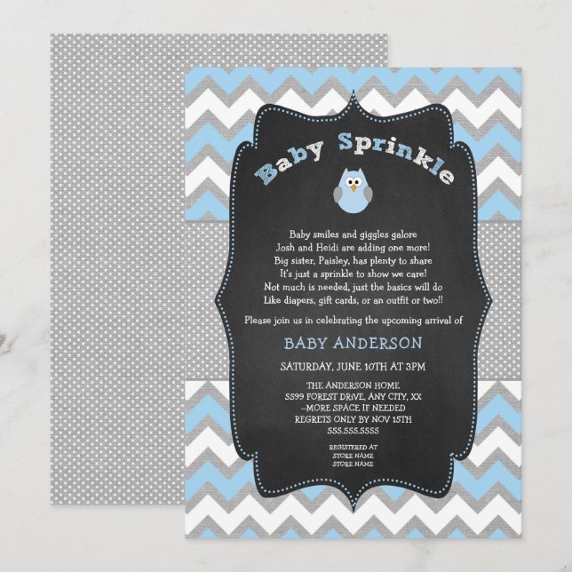 Blue Owl Baby Sprinkle, Baby Dusche Einladung (Vorne/Hinten)
