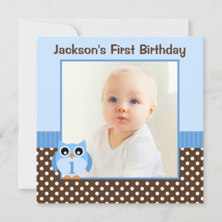 Blue Owl Brown Polka Dots 1st Birthday Boy Foto Einladung