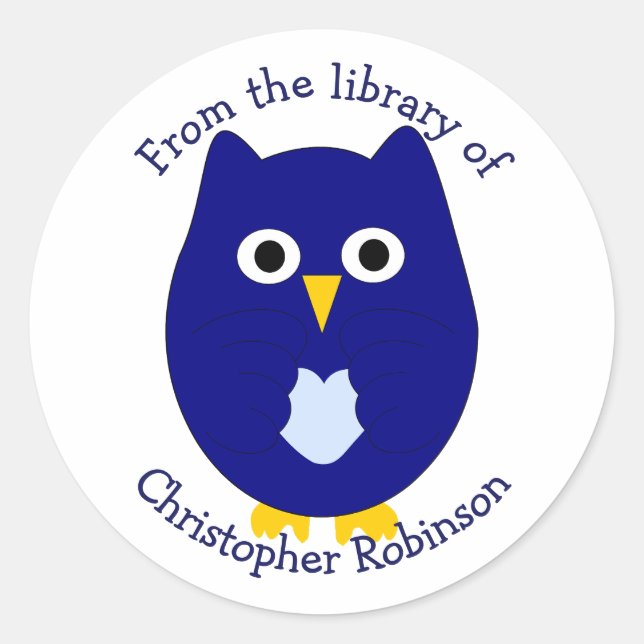 Blue Owl Design Exlibris Runder Aufkleber (Vorderseite)
