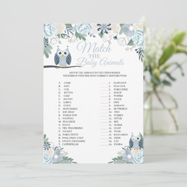 Blue Owl Floral Match La Carte de jeu Baby Animals (Debout devant)