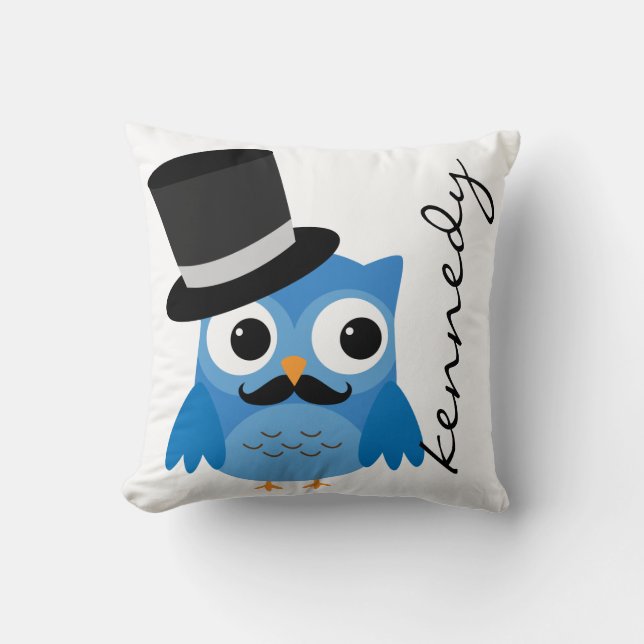 Blue Owl mit Mustache und Top Hat Pillow Kissen (Vorderseite)