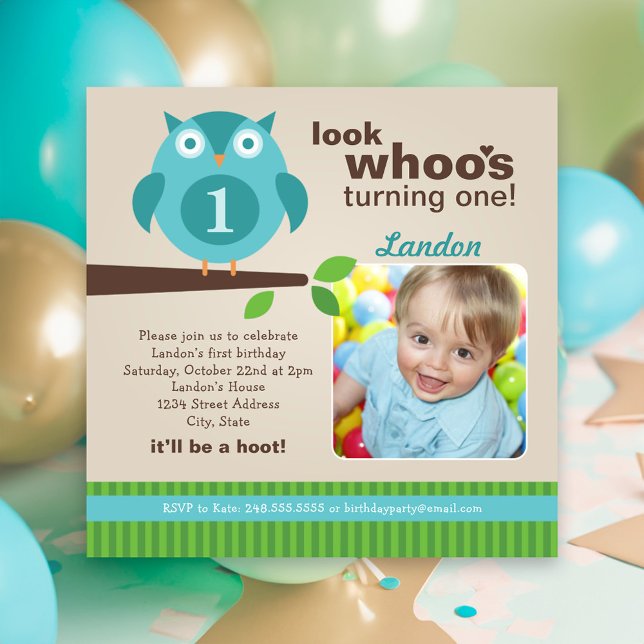 Blue Owl Modern Woodland Birthday Boy Party Einladung (Von Creator hochgeladen)