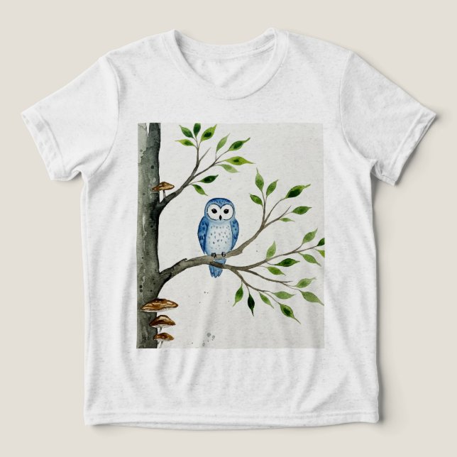 Blue owl on a tree branch Tri-Blend shirt (Design Vorderseite)