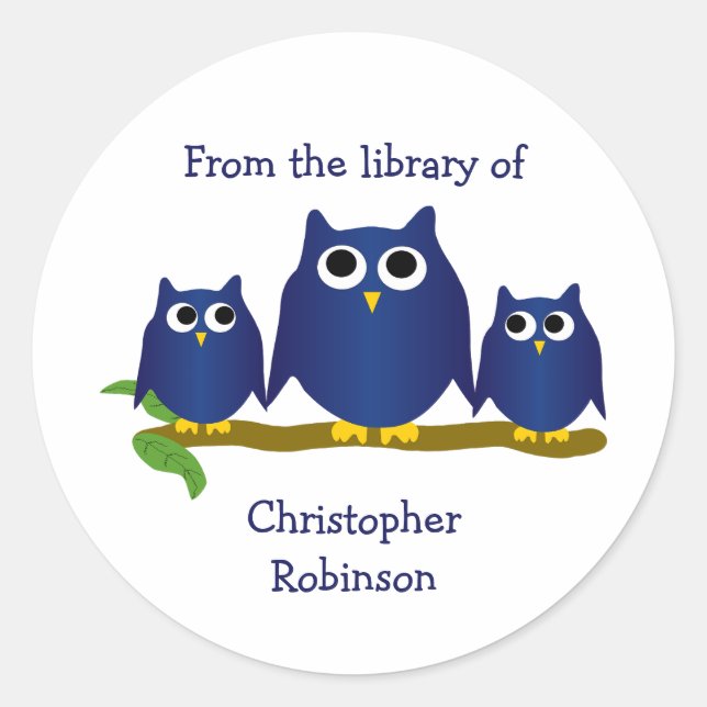 Blue Owls Design Bookplate Runder Aufkleber (Vorderseite)