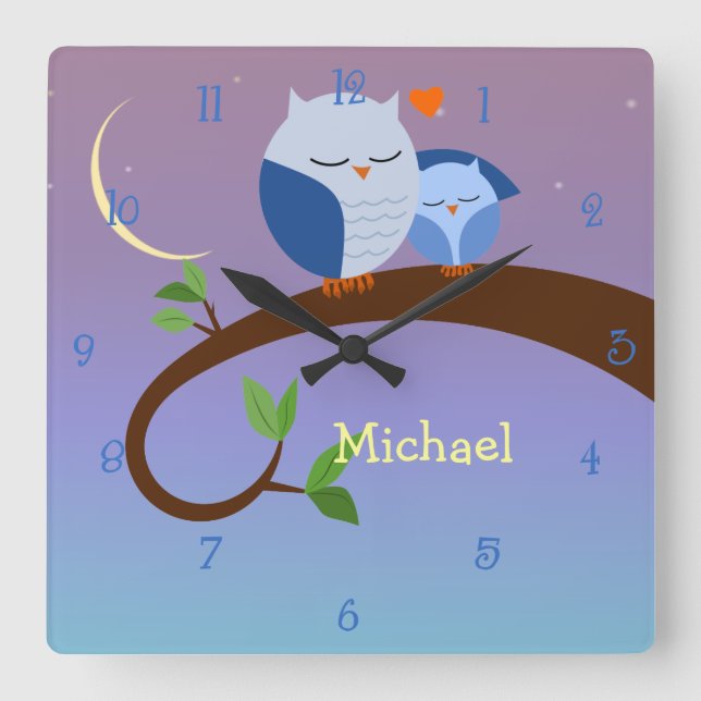 Blue Owls Personalized Wall Clock Quadratische Wanduhr (Vorderseite)