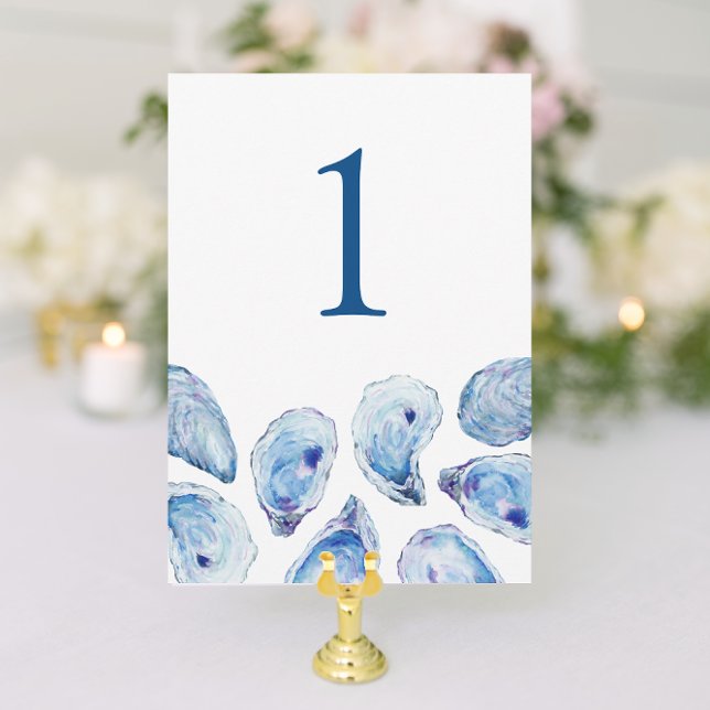 Blue Oyster Watercolor Wedding Tischnummer (Oyster Wedding Table Number with elegant blue watercolor illustrations from Concertina Press)