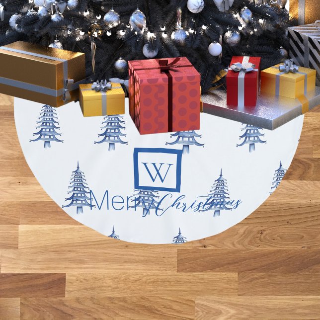 Blue Pagoda Weihnachtsbaum Mit Monogramm Muster Polyester Weihnachtsbaumdecke (Blue Pagoda Christmas Tree Monogrammed Pattern Brushed Polyester Tree Skirt)