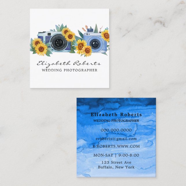 Blue Paint Camera Sunflower Wedding Fotograf Quadratische Visitenkarte (Vorne/Hinten)