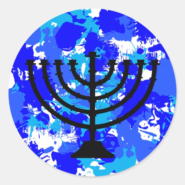 Blue Paint Splatter Menorah Runder Aufkleber (Vorderseite)