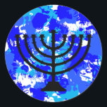 Blue Paint Splatter Menorah Runder Aufkleber<br><div class="desc">Blue paint splatter menorah stickers.</div>