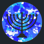 Blue Paint Splatter Menorah Runder Aufkleber<br><div class="desc">Blue paint splatter menorah stickers.</div>