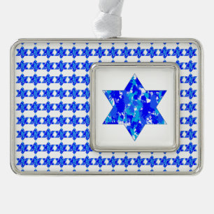 Blue Paint Spritzer Jüdische Stars Rahmen-Ornament Silber
