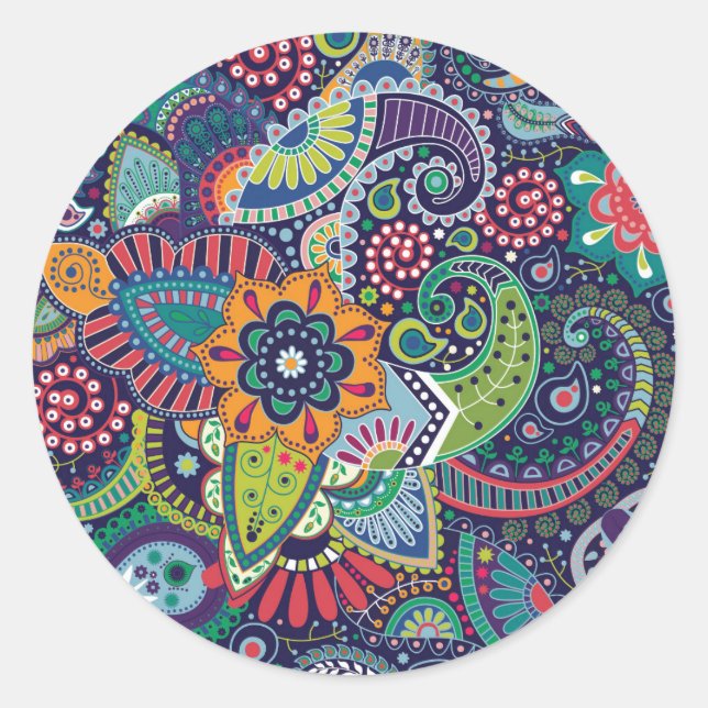 Blue Paisley Floral Hübsch Runder Aufkleber (Vorderseite)